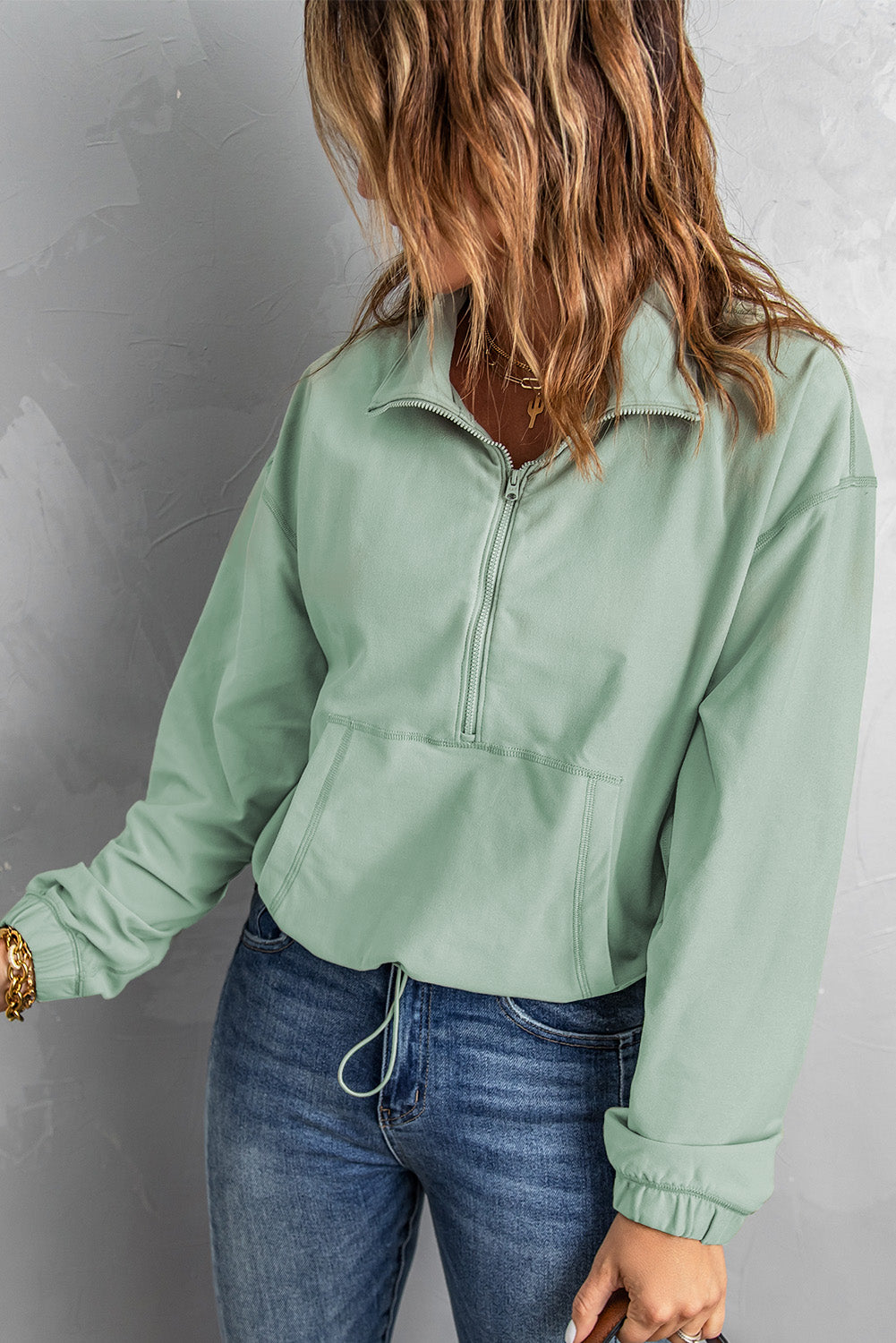 Zip Front Pocketed Pullover Sweatshirt | Green