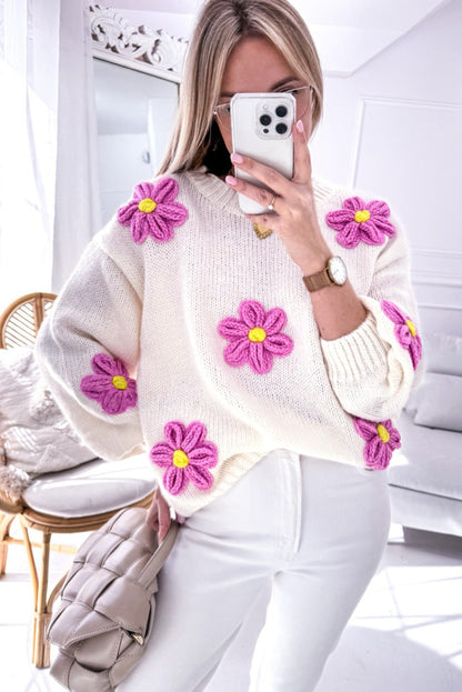 Floral Crochet Chunky Knit Sweater | White