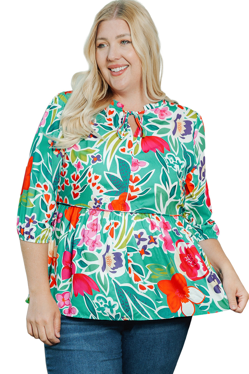 Floral Tie Split Neck Plus Size Peplum Blouse | Multicolour