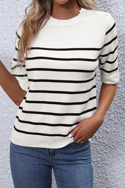 Striped Half Sleeve Knitted Tee | White Stripe