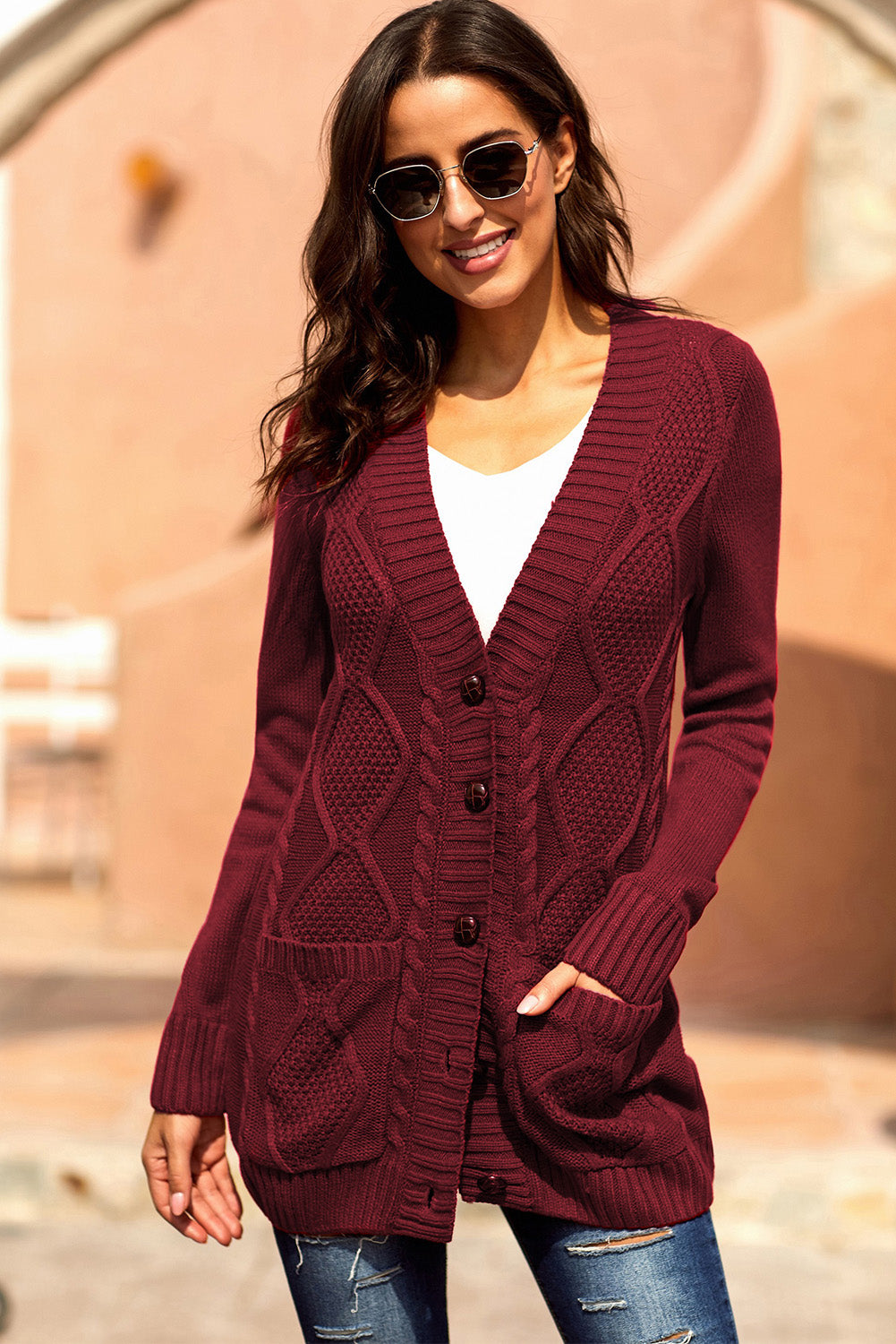 Burgundy Front Pocket And Buttons Closure Cardigan | Red