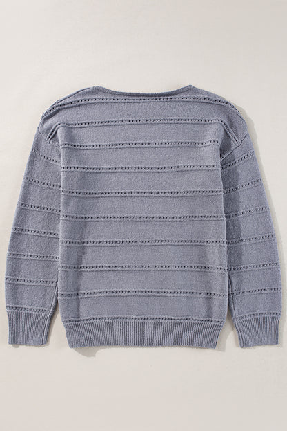 Boat Neck Drop Shoulder Pointelle Knit Sweater | Light Grey