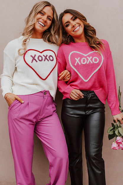 Heart Xoxo Pattern Drop Shoulder Rib Knit Sweater | Rose