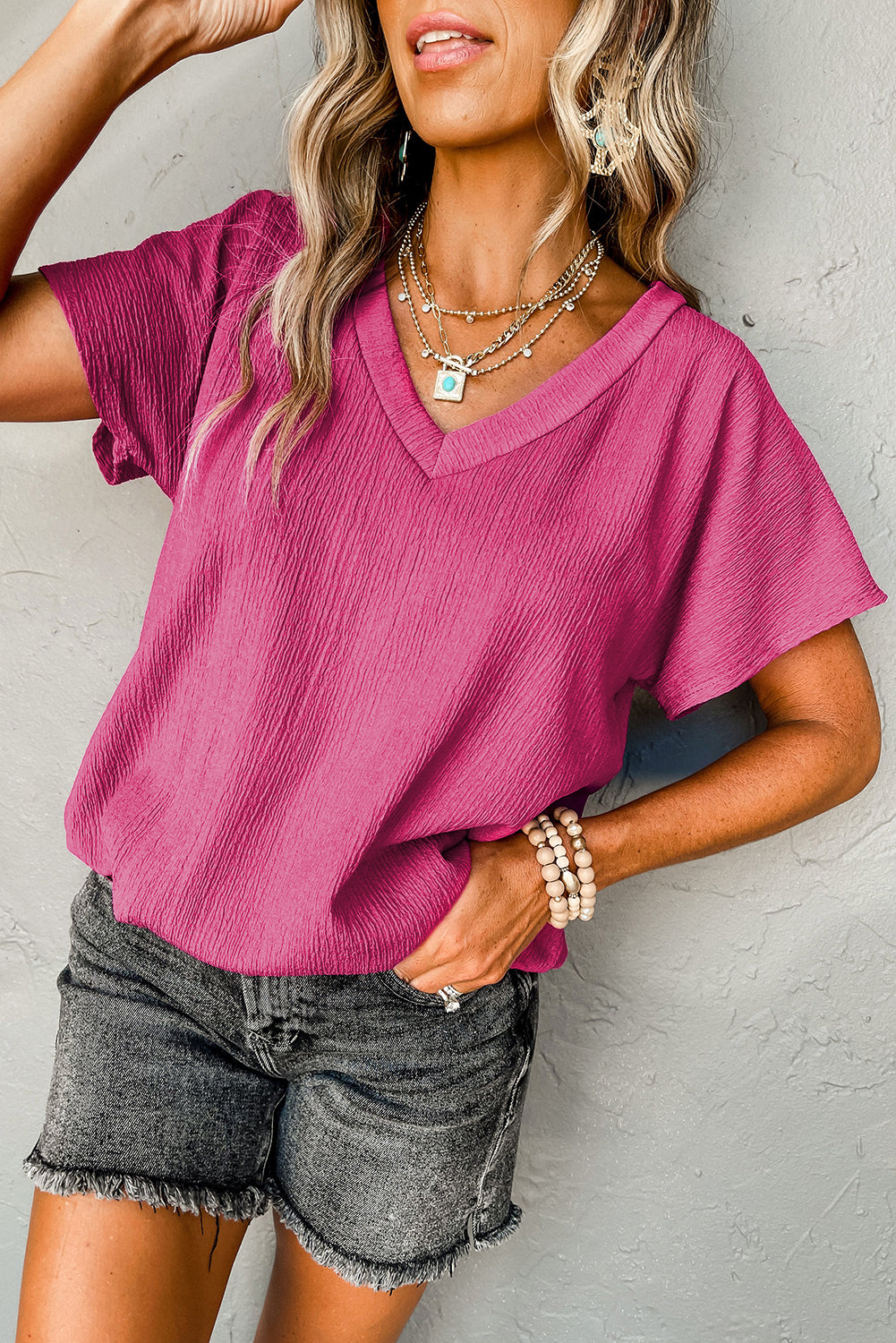 Crinkled V Neck Wide Sleeve T-Shirt | Bright Pink