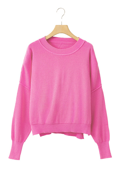 Ribbed Trim Drop Shoulder Baggy Sweater | Dark Pink