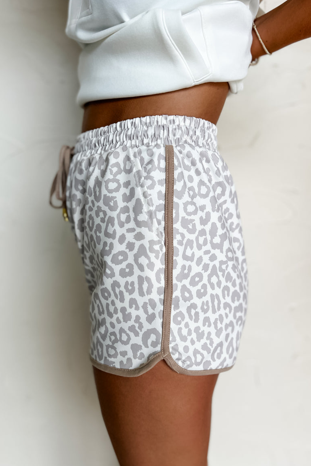 Leopard Elastic Waist Lace Up Contrast Trim Casual Shorts | White