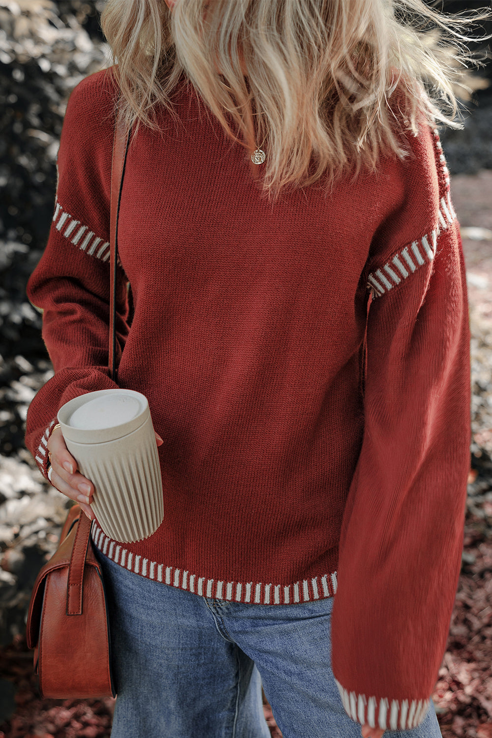 Colour Contrast Trim Drop Shoulder Crew Neck Sweater | Red Dahlia