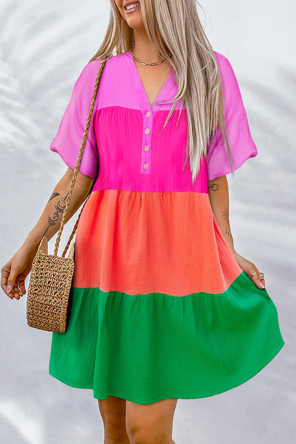 Colour Block Tiered Puff Sleeve Dress | Multicolour