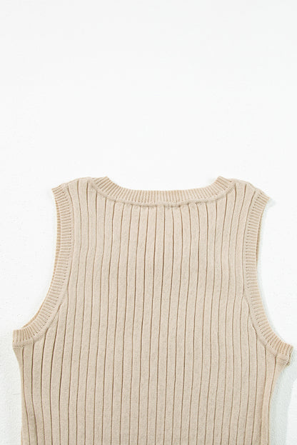 Ribbed Knit Crew Neck Tank Top | Apricot