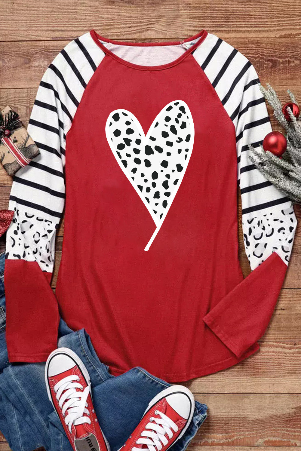 Fiery  Valentines Leopard Heart Print Colour Block Long Sleeve Top | Red