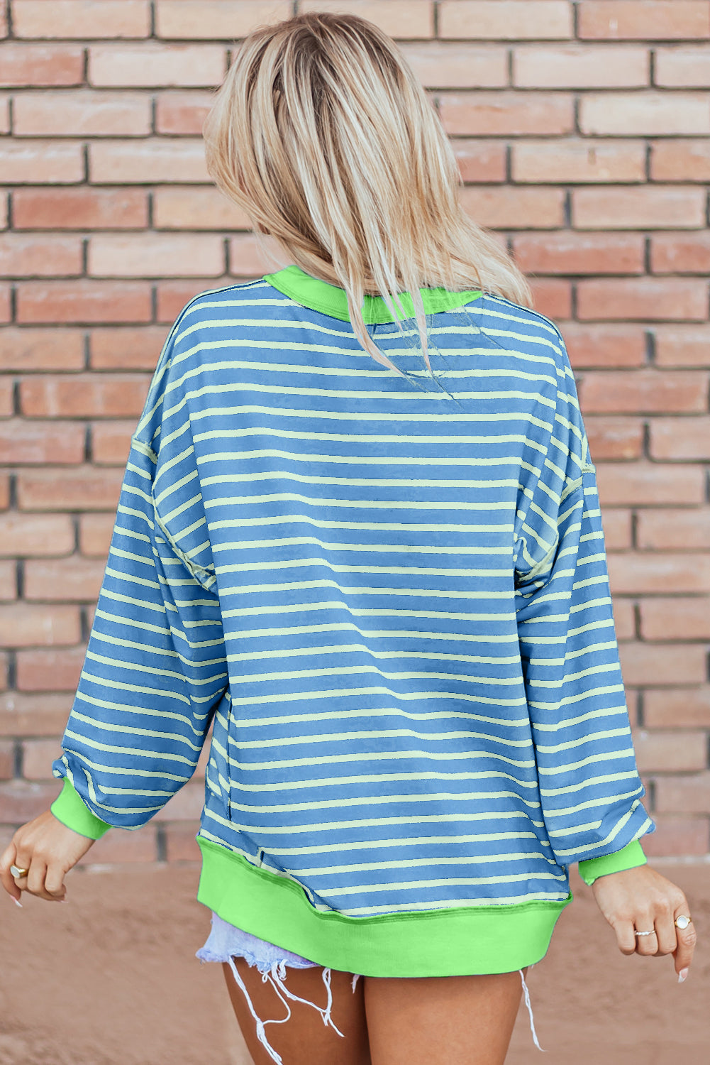 Contrast Trim High Low Pullover Tunic Sweatshirt | Sky Blue Stripe