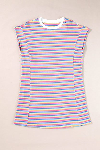 Crew Neck T Shirt Dress | Pink Stripe