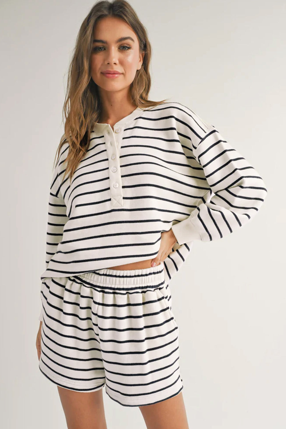 Black White Stripes Printed Half Button Long Sleeve Top And Shorts Set | Black white