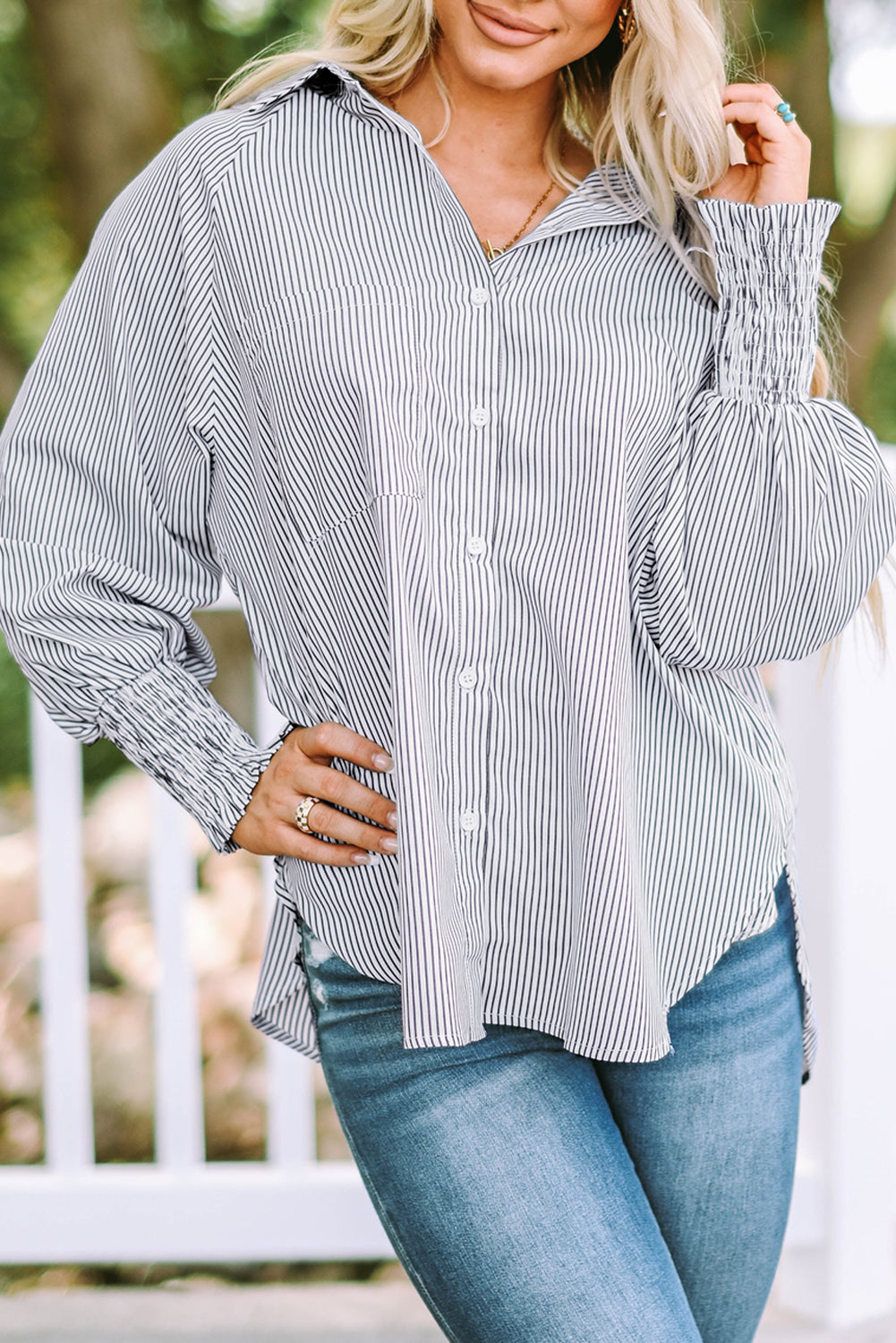 Smocked Cuffed Striped Boyfriend Shirt With Pocket | Black