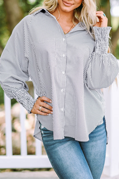 Smocked Cuffed Striped Boyfriend Shirt With Pocket | Black