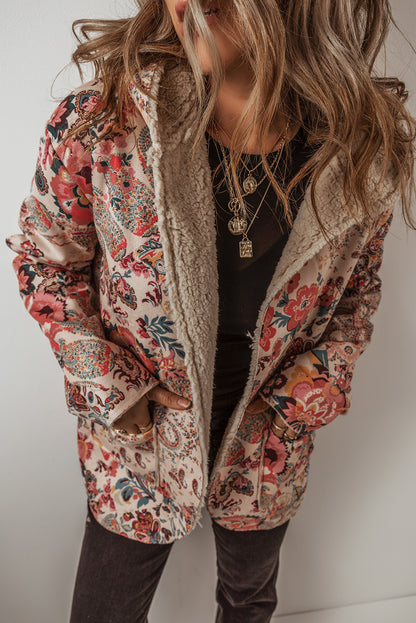 Vintage Paisley Floral Printed Sherpa Lined Hooded Jacket | Beige