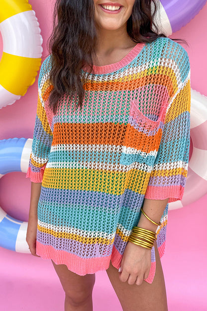 Colourblock Hollowed Crochet 3/4 Sleeve Sweater | Pink Stripe