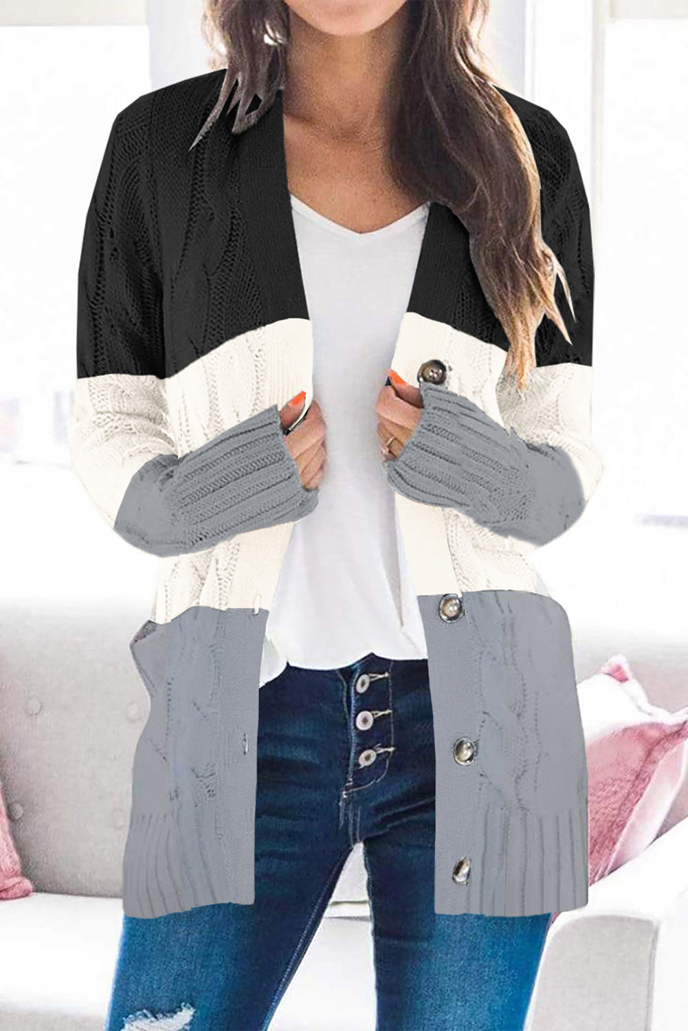 Colourblock Button Pocket Knit Cardigan | Black