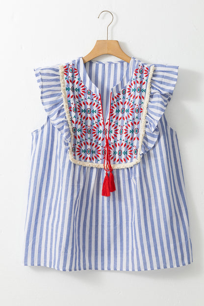 Striped Embroidered Tassel Tie Neck Frilled Trim Plus Blouse | Sky Blue