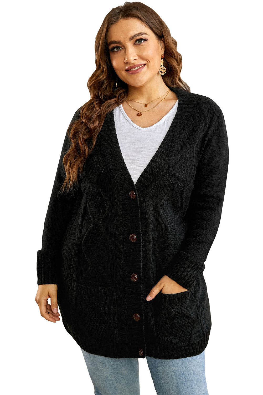 Front Pocket And Buttons Closure Cardigan | Black