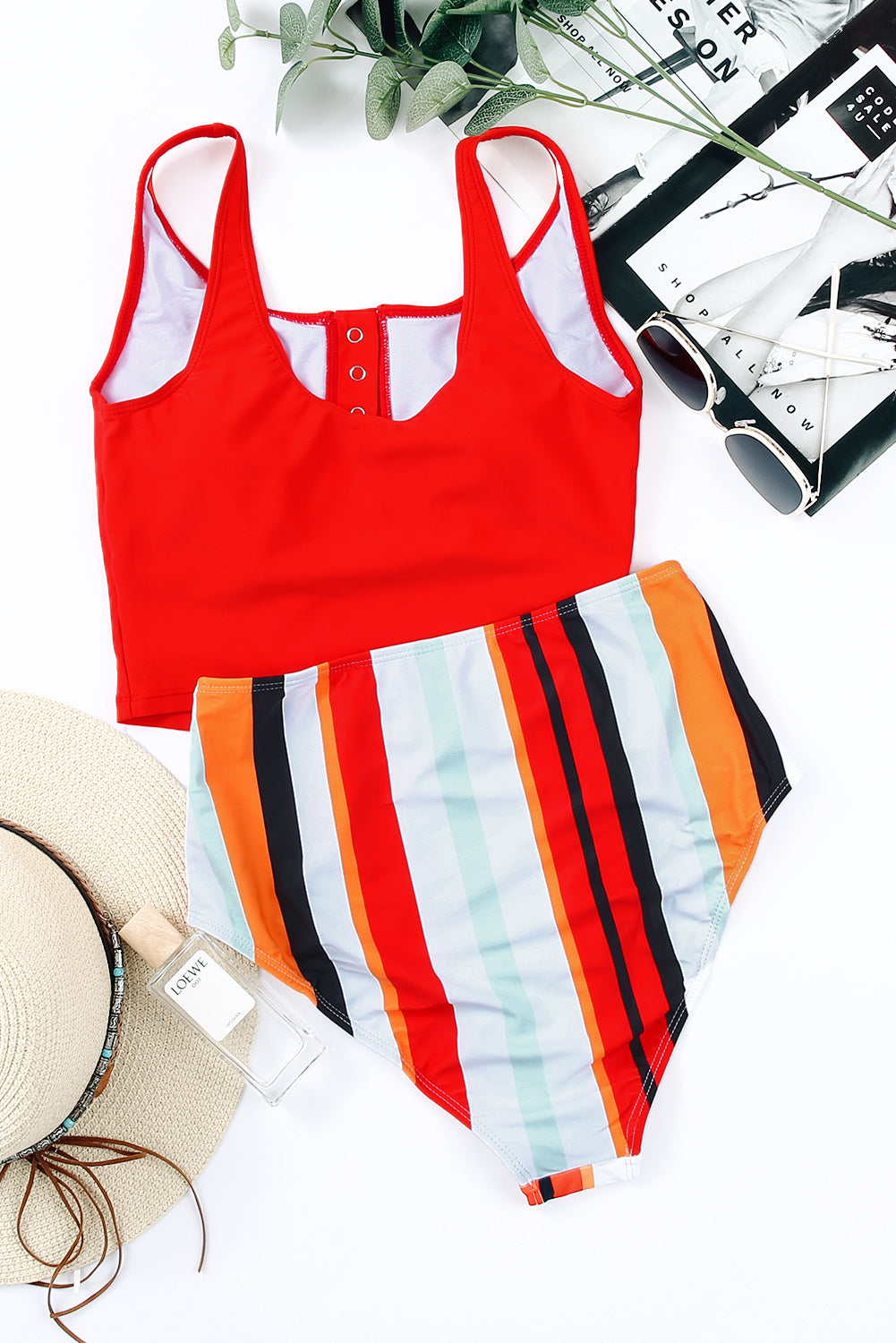 Square Neck Sleeveless Fashion Print Tankini Set | White