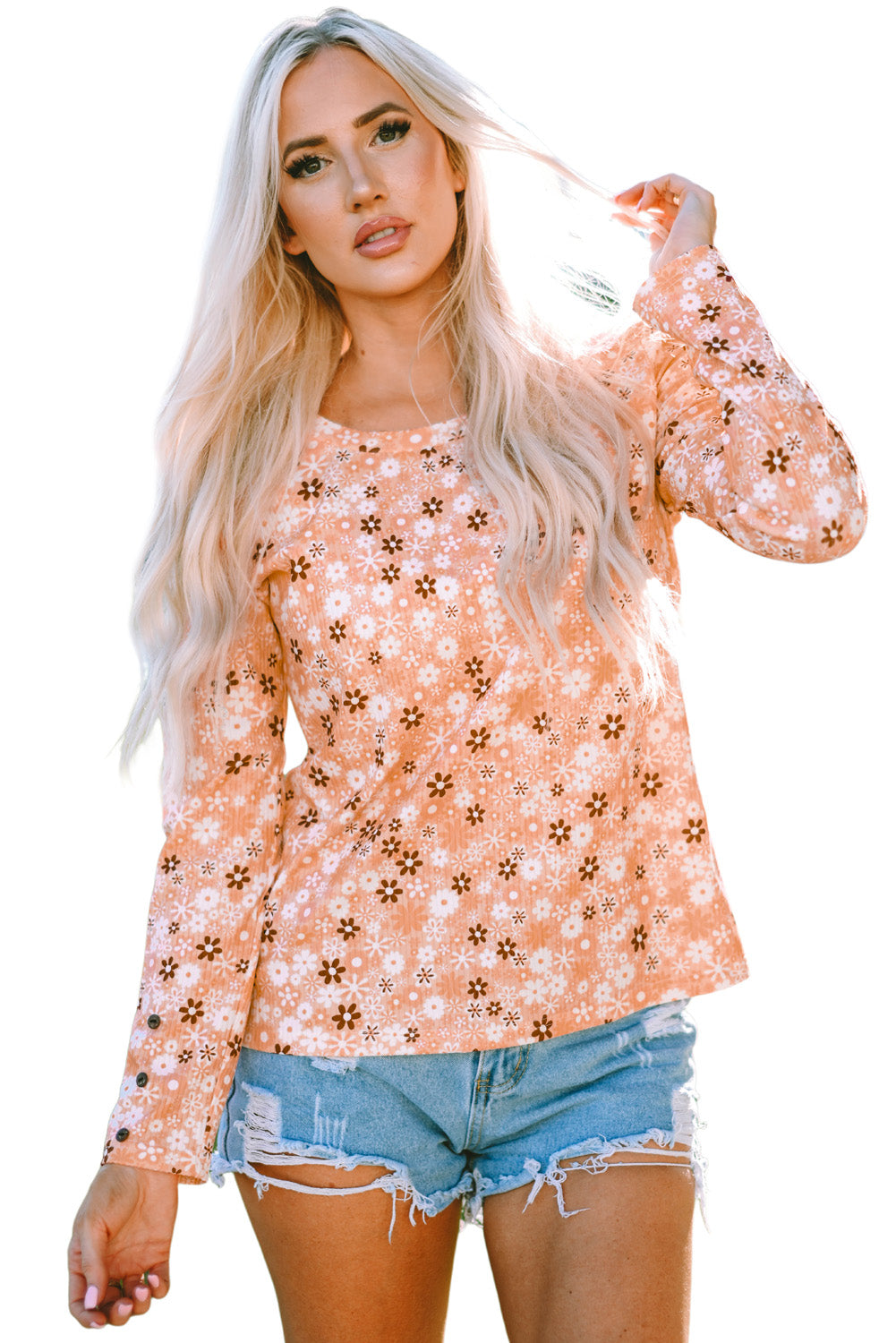 Floral Knit Long Sleeve Top | Orange