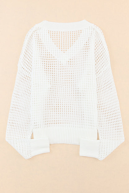 Hollow Out Knitted Loose Fit V Neck Sweater | White