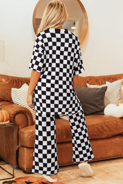 Checkered Print Half Sleeve Tunic Top And Flared Pants Set | Black