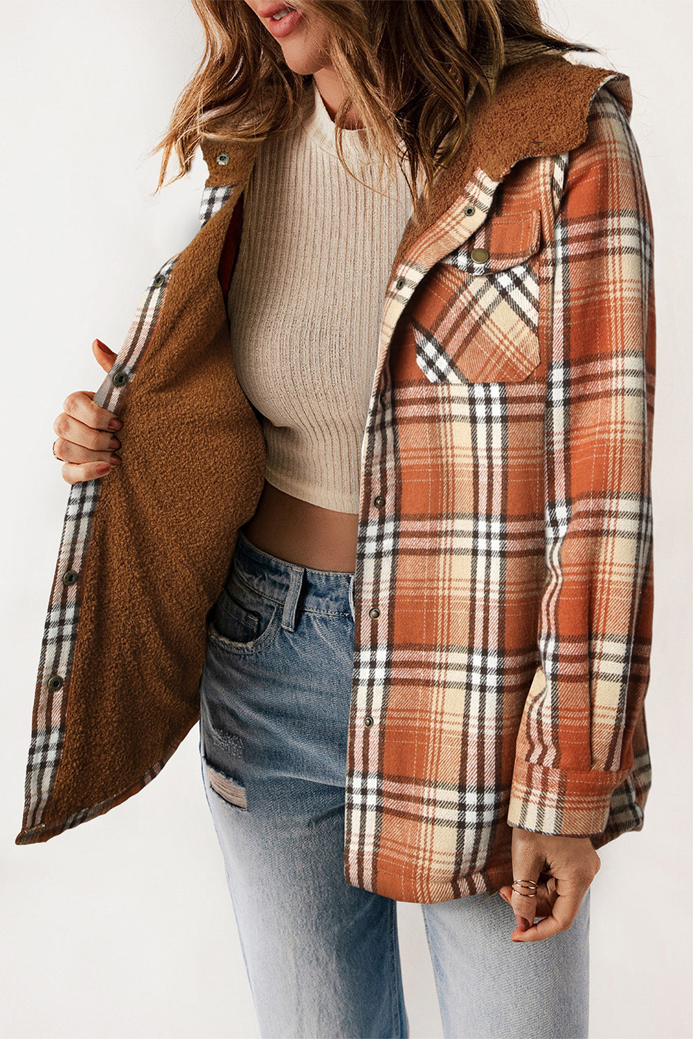 Plaid Pattern Sherpa Lined Hooded Shacket | Orange