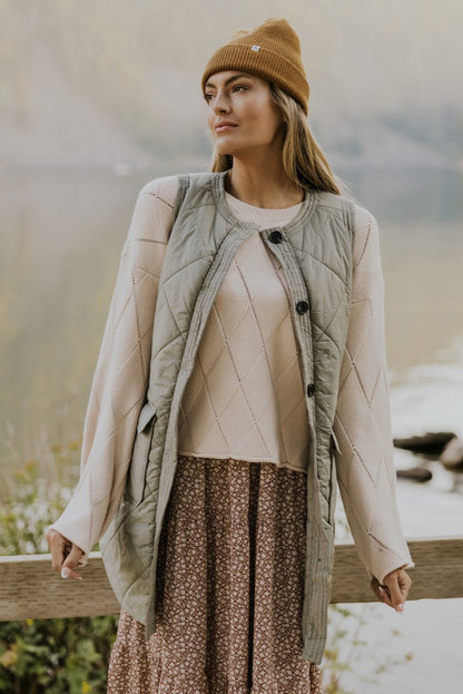 Quilted Long Vest Jacket With Pockets | Grass Green