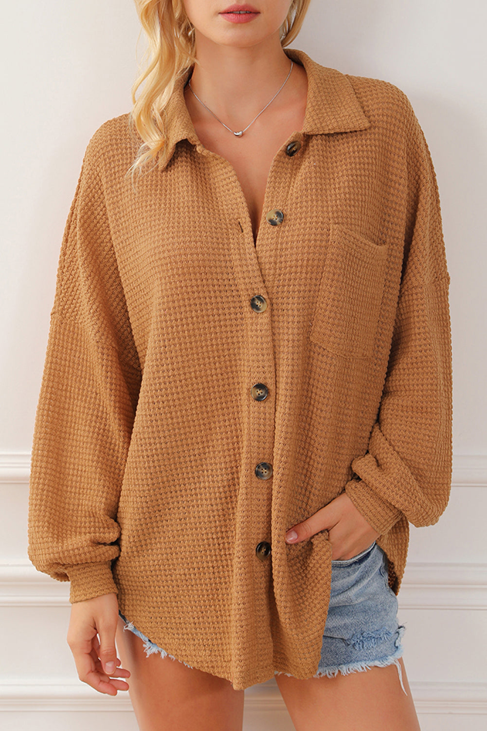 Waffle Knit Button Up Casual Shirt | Brown