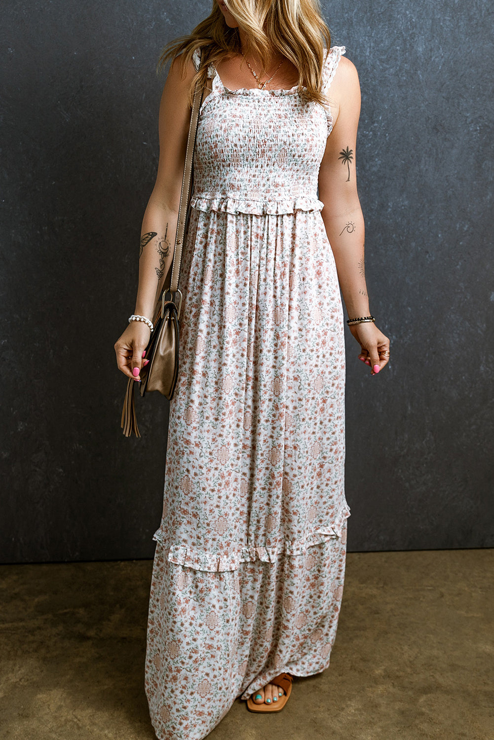 Lace Frilly Straps Shirred Floral Maxi Dress | White