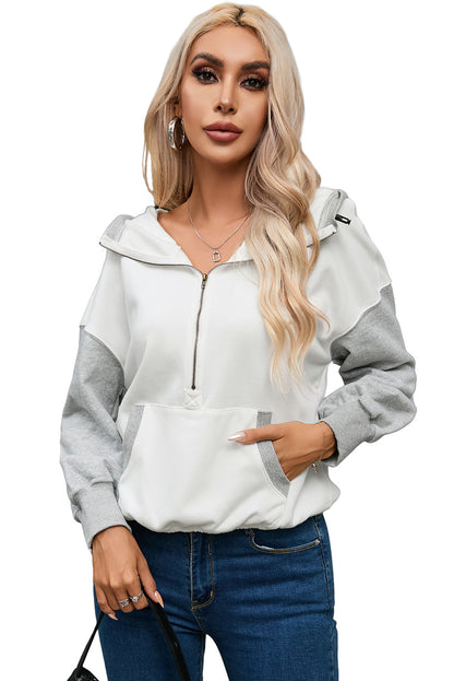 Half Zipper Kangaroo Pocket Drop Shoulder Hoodie | White