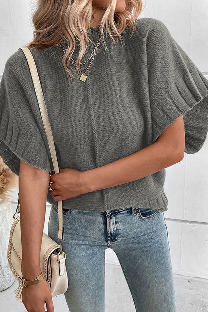 Mock Neck Batwing Short Sleeve Knit Sweater | Medium Grey