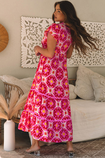 Geo Print V-Neck Maxi Dress | Strawberry Pink