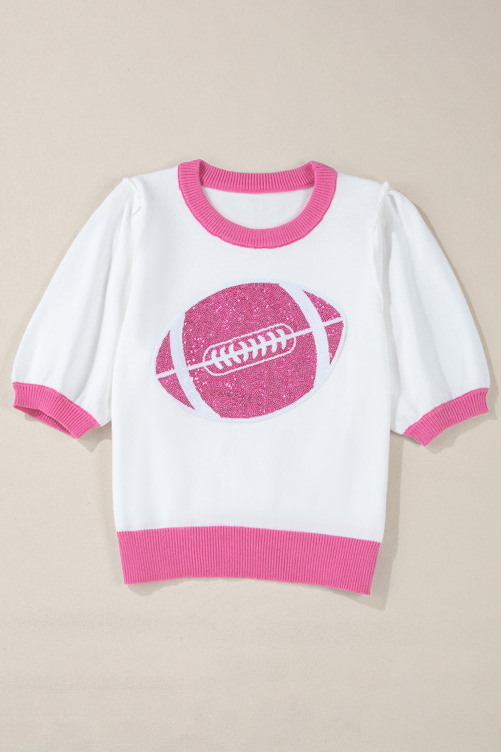 Sequin Rugby Colour Block Puff Short Sleeve Sweater | Pink