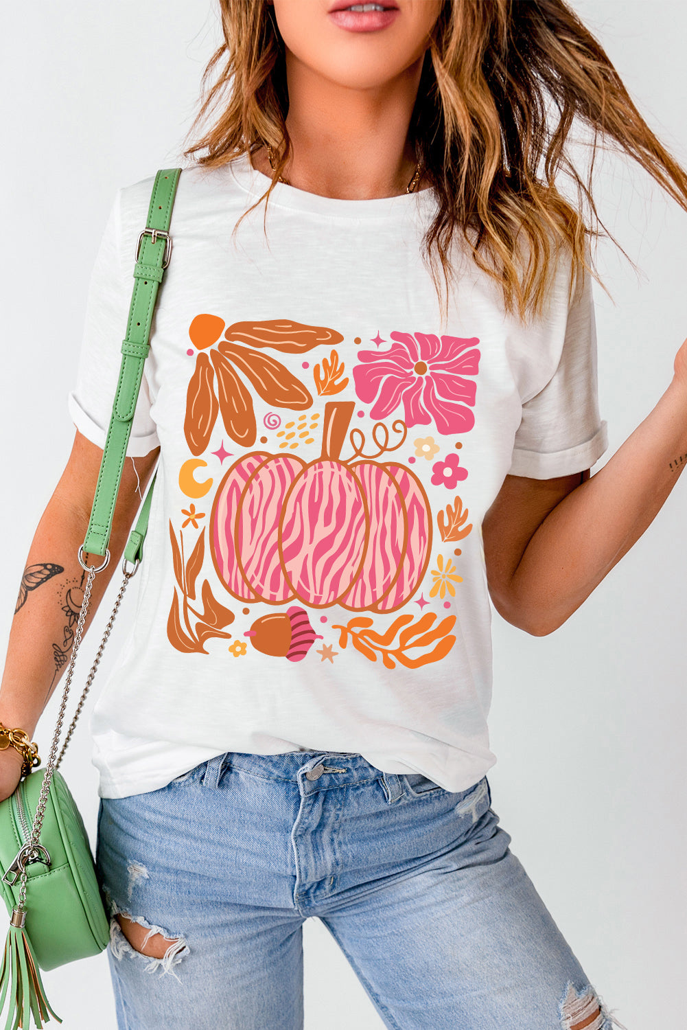 Floral Pumpkin Printed Crewneck Thanksgiving T Shirt | White