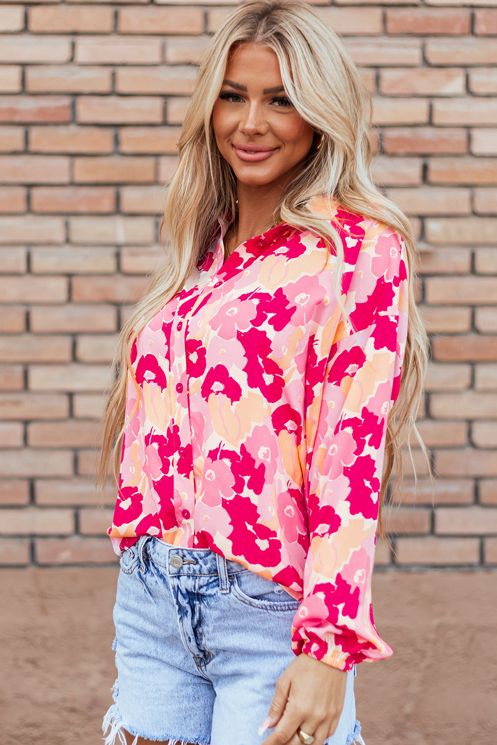 Blooming Floral Print Puff Sleeve Buttoned Shirt | Pink