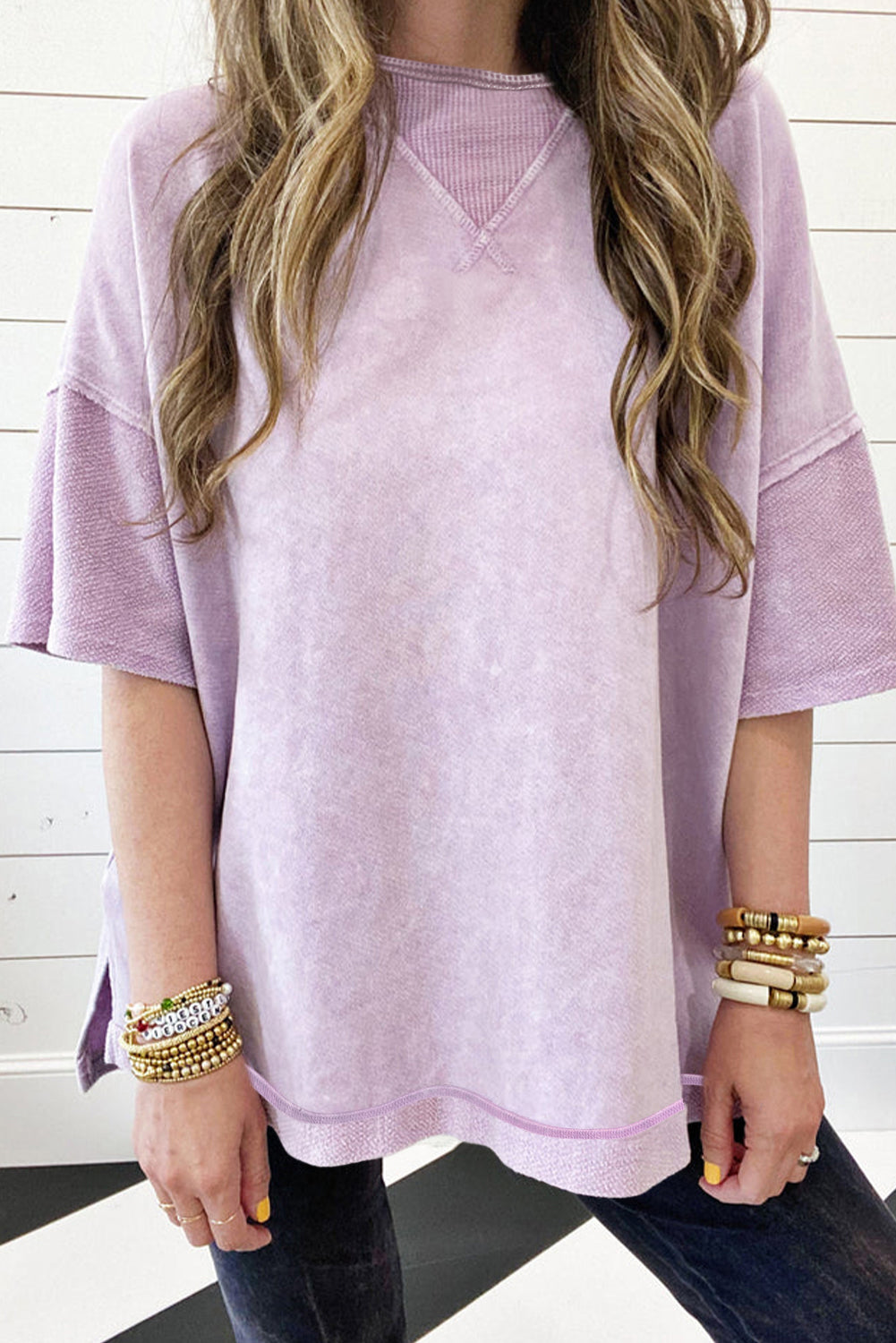 Mineral Wash Exposed Seam Drop Shoulder Oversized Tee | Orchid Petal