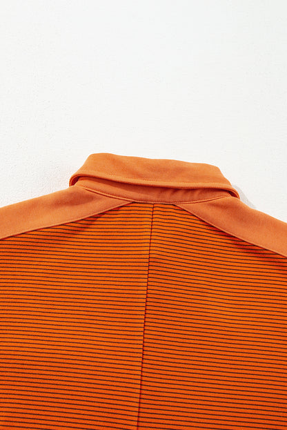 Exposed Seam Henley Turn-Down Neck Puff Sleeve Sweatshirt | Orange Stripe