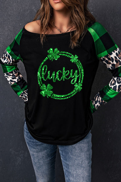 Lucky Clover Graphic Leopard Plaid Long Sleeve Top | Green