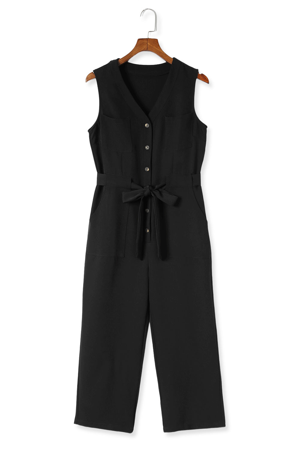 Buttoned Sleeveless Cropped Jumpsuit With Sash | Black