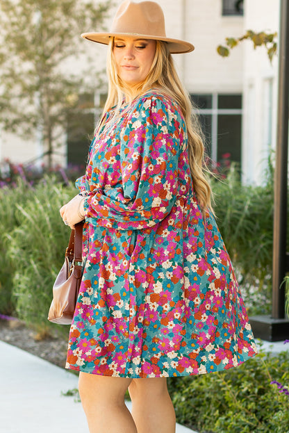 Plus Size Floral Print Shirred Ruffle Tiered Mini Dress | Sky Blue