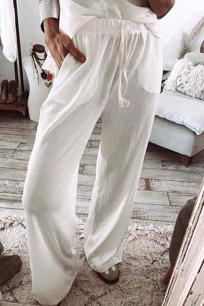 Textured Long Sleeve T Shirt And Pants Lounge Set | White