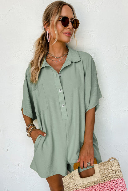 Half Button Collared Loose Romper | Spinach Green