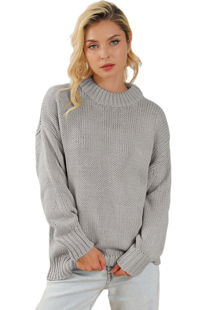 Chunky Knit Turtle Neck Drop Shoulder Sweater | Light Grey