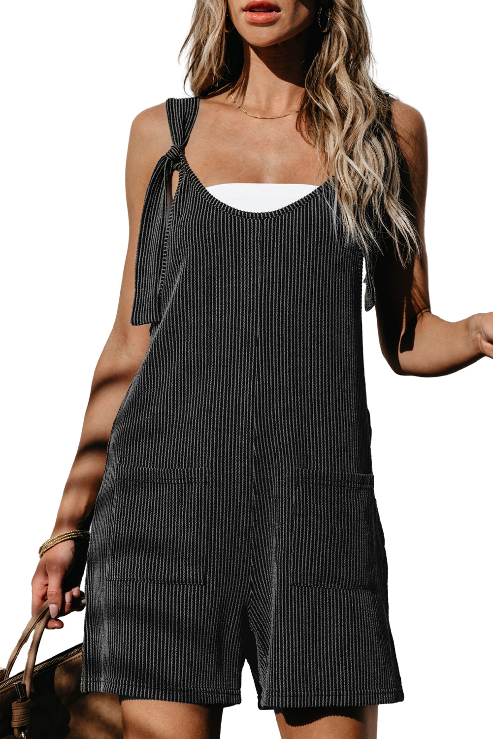 Striped Print Knotted Straps Pocketed Romper | Dark Grey