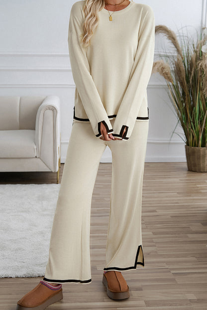 Contrast Trim Split Cuffs Long 2Pcs Sweater Outfit Loungewear | Apricot