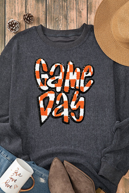 Chenille Checkered Game Day Graphic Drop Shoulder Corded Sweatshirt | Dark Grey