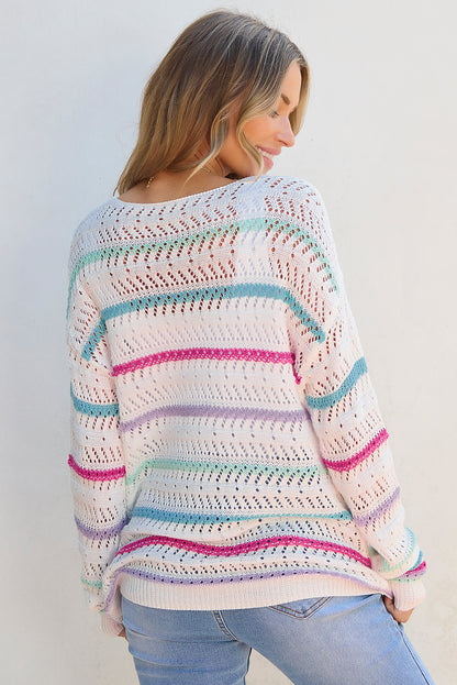 Striped Hollowed Crochet Loose Fit Sweater | White